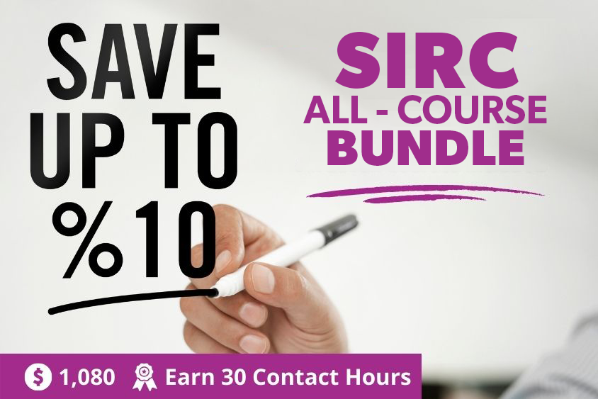 Hand writing. Text reads: S I R C all-course bundle, save up to 10%, $1,080, earn 30 contact hours.