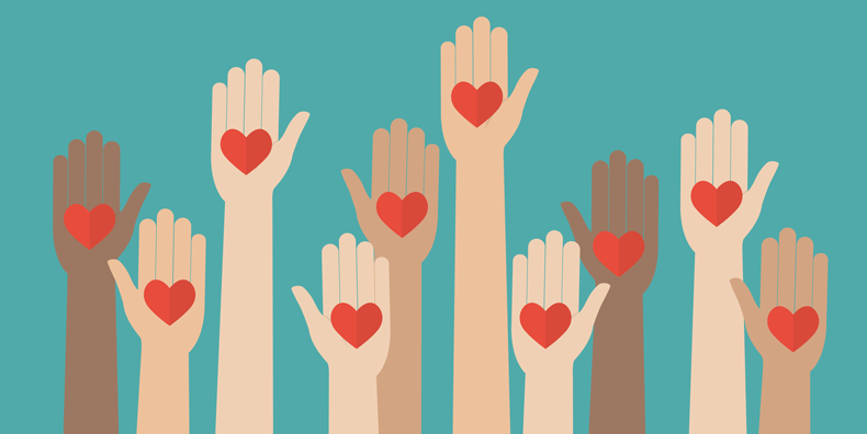Illustration of raised hands in a spectrum of skin tones with red hearts on each palm
