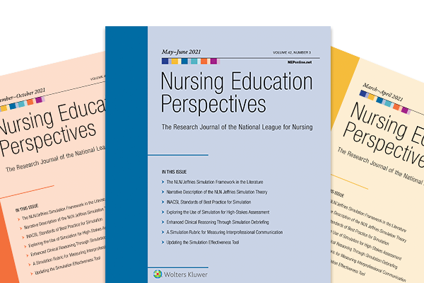 Illustration of three issues of Nursing Education Perspectives in orange, blue, and yellow covers.