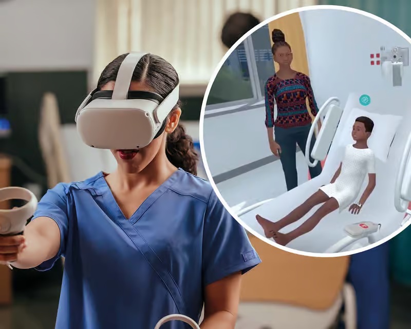 A nursing student in blue scrubs wears a white VR headset and holds a controller. A floating circular inset displays a vrClinicals scenario of a nursing simulation: two avatars (a parent and child in a hospital bed) in a patient room.
