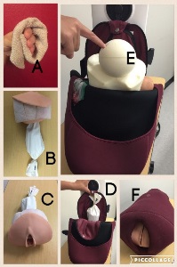Collage. A: washcloth around hand. B: pastry bag set in simulated vagina. C: bag behind simulated vaginal opening. D: placing bag in birthing simulator abdomen. E: placing fundal ball inside abdomen. F: simulator abdomen with simulated labia exposed.