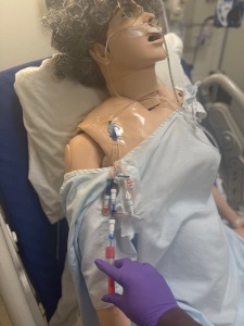 A medical manikin in a hospital bed with a central venous catheter in the chest. Multiple IV lines are attached, and a person wearing a purple glove is holding one of the lines.