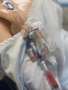 Close-up of a manikin with multiple IV lines and connectors attached to the chest area, simulating intravenous therapy.