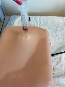 needle piercing simulated skin with a port underneath