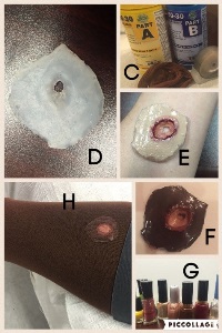Collage. Photo C: bottles of liquid silicone, pantyhose, tape. Photo D: dried silicone. Photo E: lighter simulated venous ulcer. Photo F: darker simulated venous ulcer. Photo G: nail polish bottles. Photo H: darker simulated venous ulcer under pantyhose.