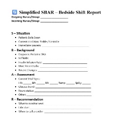 Simplified SBAR bedside shift report template for a pediatric DKA patient, with sections for Situation, Background, Assessment, and Recommendation, including spaces for vitals, labs, insulin infusion, and monitoring priorities.