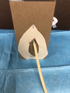 White paper cut in shape of a teardrop with middle cut-out stapled to bottom of cardboard. Cardboard has hole in the middle of the teardrop. Hole has silicone tubing running through it.