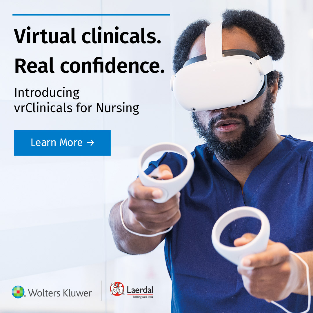 A nursing student uses a virtual reality headset with a controller in each hand. Text reads: Virtual clinicals, real confidence, V R Clinicals for Nursing.
