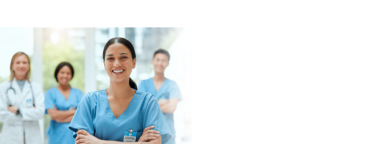 Membership Smiling nurse in blue scrubs