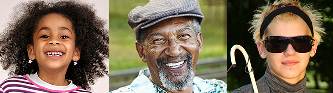 ACE-general tryptich Photos of a young person, an older adult, and a person with a vision disability