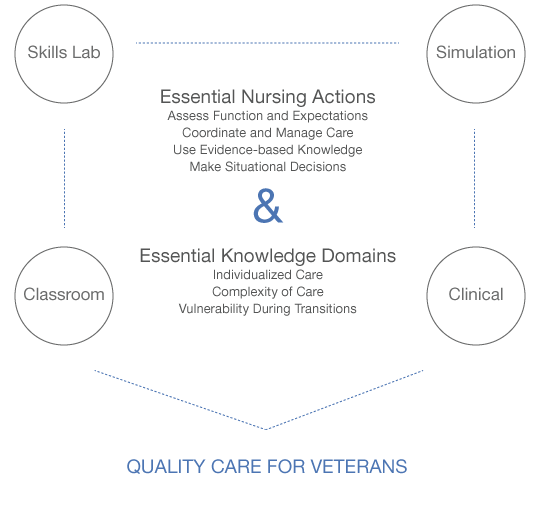 ACES-Framework-infographic-veterans Essential Nursing Actions and Essential Knowledge Domains are encircled by Skills Lab, Simulation, Classroom, and Clinical, which create Quality Care for Veterans.