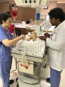 a nurse and a resident caring for a neonate manikin