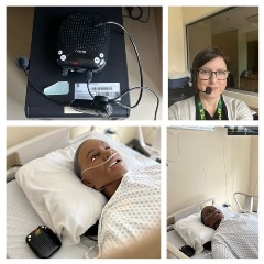 Portable speaker, headset, manikin in a patient bed