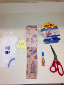 compression stocking, tattoo sleeve, hook and loop fasteners, superglue, and scissors