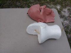 Halloween face mask and a white foam wig head with upper back quarter of the head removed with a plastic tube laced through the head